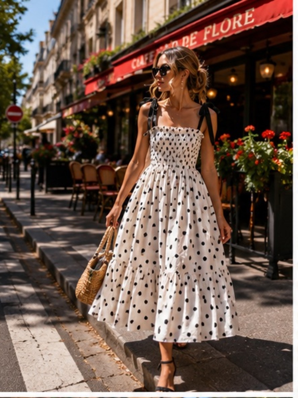 Polka Dot Tie-Strap Midi Dress - White with Black Dots